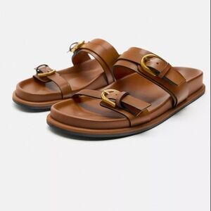 Zara Tan Leather Double-Buckle Slide Sandals with Gold Buckles